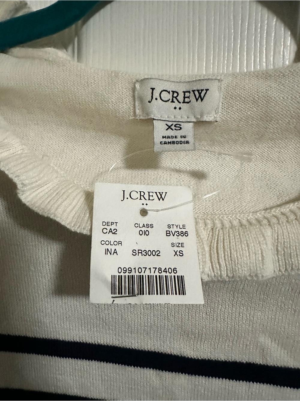 J. Crew Cream and Navy Striped Ruffleneck Sweater NWT XS - Picture 5 of 8